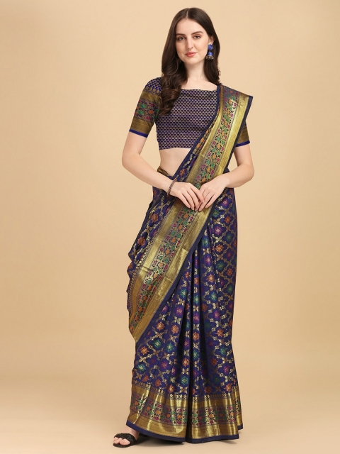 

awesome Navy Blue & Gold-Toned Woven Design Zari Pure Silk Banarasi Saree