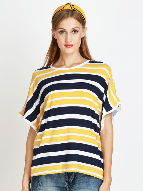 

angloindu Women Yellow Striped Extended Sleeves Boxy T-shirt