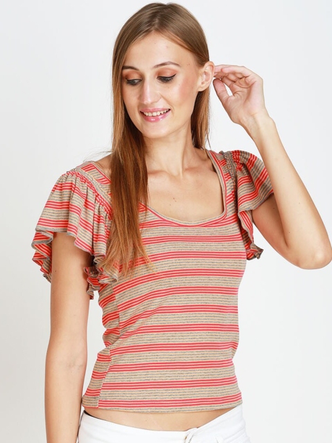

angloindu Women Red Striped Extended Sleeves Slim Fit T-shirt