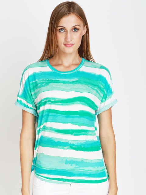 

angloindu Women Sea Green Striped Extended Sleeves T-shirt