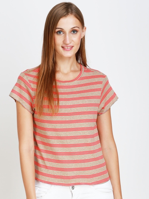 

angloindu Women Red Striped Extended Sleeves T-shirt