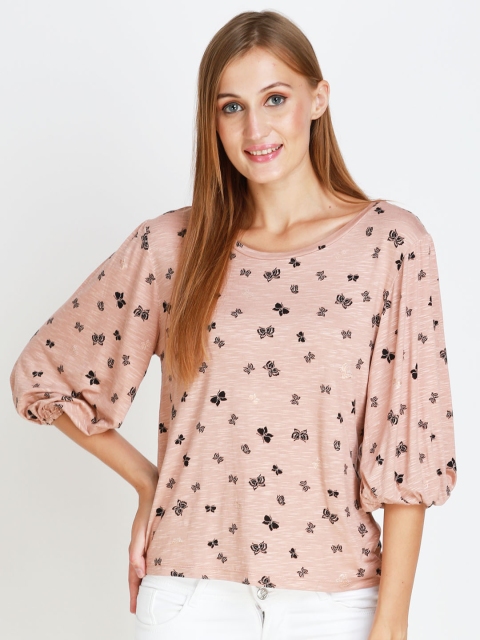 

angloindu Women Camel Brown Printed Drop-Shoulder Sleeves Loose T-shirt
