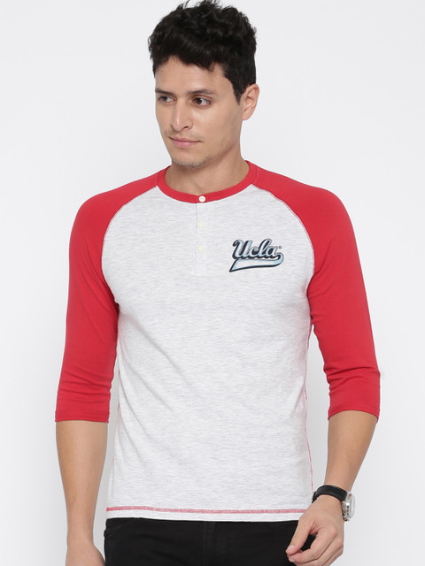 

UCLA Men Grey & Red Solid Henley T-shirt