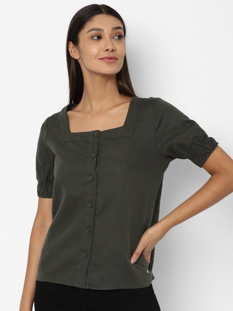 

Allen Solly Woman Olive Green Square Neck Linen Top