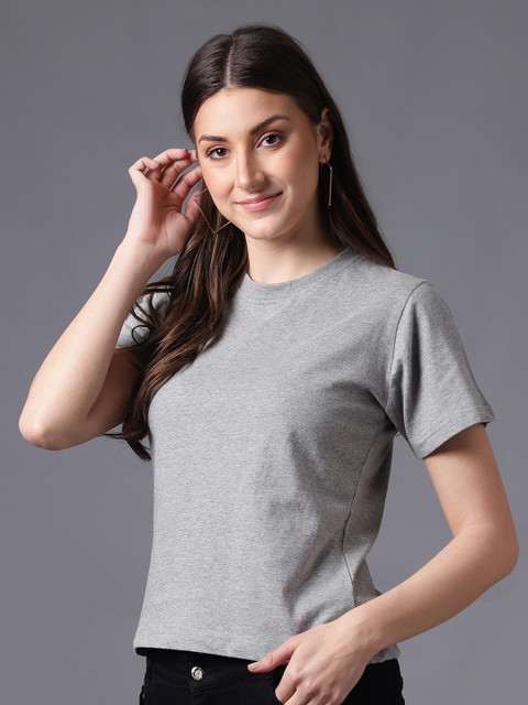 

THE EG STORE Women Grey Melange & plein air Extended Sleeves T-shirt