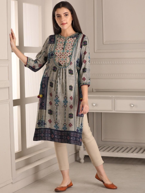

Lakshita Women Beige & walnut Ethnic Motifs Printed Keyhole Neck Kurta