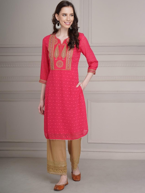 

Lakshita Women Pink Keyhole Neck Flared Sleeves Thread Work Kurta