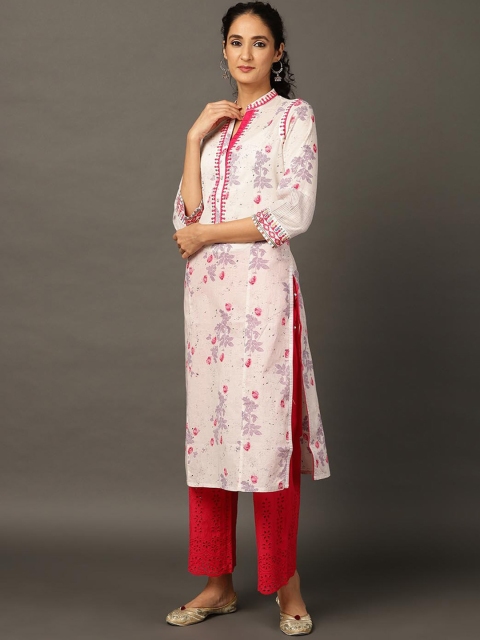

Lakshita Women Cream-Coloured & peach blush Geometric Striped Keyhole Neck Thread Work Kurta