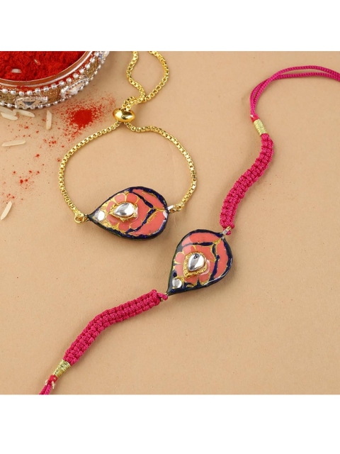 

Shoshaa Set Of 2 Pink & Gold Kundan Meenakari Reversible Design Rakhi