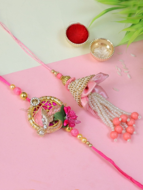 

TIED RIBBONS 2 Pink Premium Bhaiya Bhabhi Lumba Floral Rakhi with Card & Roli Chawal, Multi