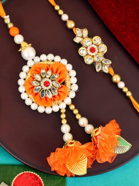 

TIED RIBBONS Orange Pearl-Beaded Bhaiya Bhabhi Floral Lumba Rakhi, Card & Roli Chawal, Multi