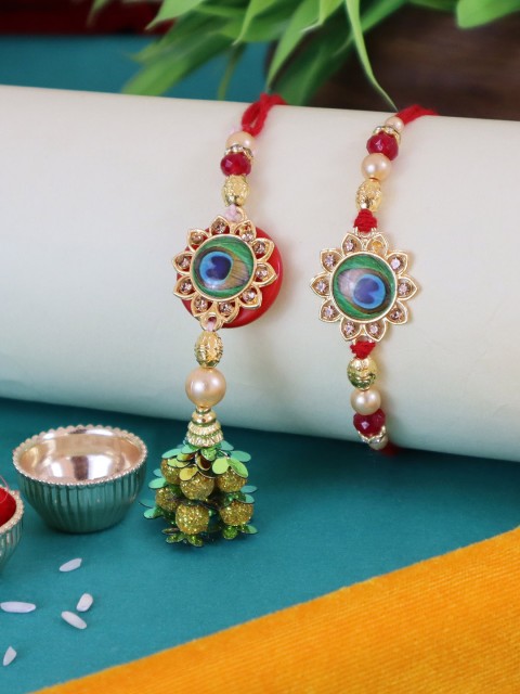 

TIED RIBBONS Red Designer Bhaiya Bhabhi Lumba Peacock Rakhi with Card & Roli Chawal, Multi
