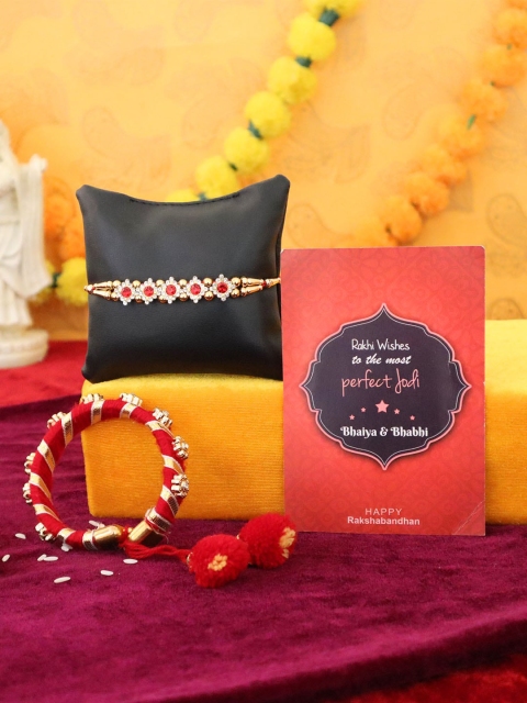

TIED RIBBONS 2 Red Handmade Bhaiya Bhabhi Lumba Bangle Rakhi with Card & Roli Chawal