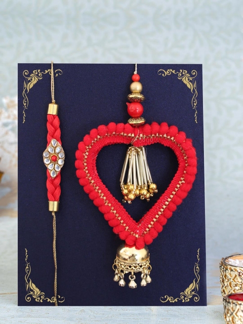 

TIED RIBBONS Set Of 2 Red Premium Bhaiya Bhabhi Lumba Rakhi Combo with Card & Roli Chawal