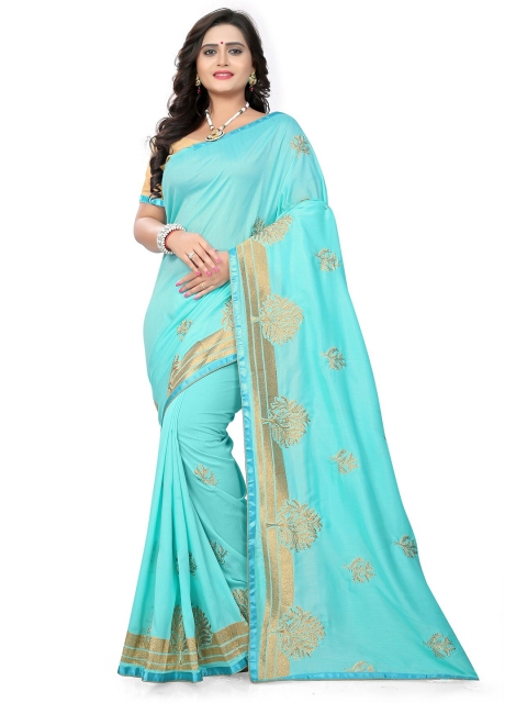 

KALINI Turquoise Blue & Gold-Toned Floral Embroidered Pure Georgette Maheshwari Saree