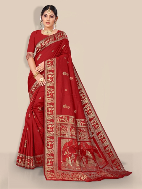 

Rivana Pink & Gold-Toned Woven Design Zari Pure Silk Baluchari Saree