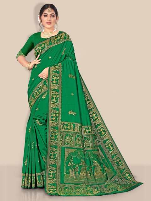 

Rivana Teal & Gold-Toned Woven Design Zari Pure Silk Baluchari Saree