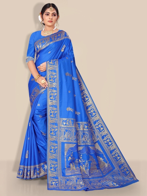 

Rivana Green & Gold-Toned Woven Design Zari Pure Silk Baluchari Saree