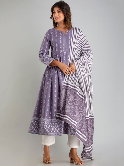 

Sutidora Women Purple Floral Empire Pure Cotton Kurti with Trousers & With Dupatta