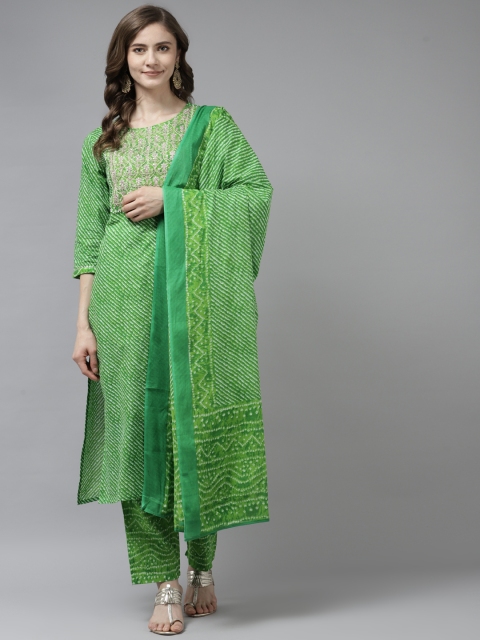 

Yufta Women Green Leheriya Embroidered Pure Cotton Kurta with Trousers & Dupatta