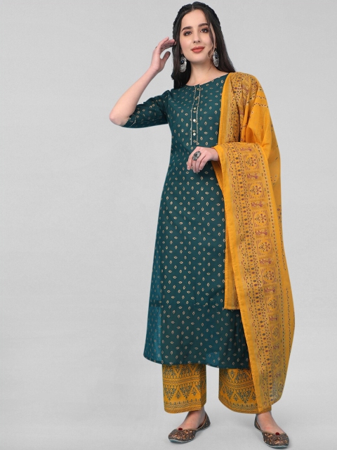 

MOKOSH Women Blue Printed Panelled Gotta Patti Kurti with Palazzos & With Dupatta