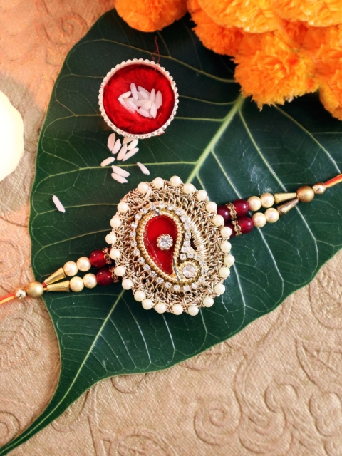 

TIED RIBBONS Premium Stoned-Studded Rakhi with Card & Roli Chawal Gift Set, Multi