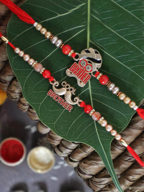 

TIED RIBBONS Set of 2 Punjabi Brother Rakhi, Card & Roli Chawal Gift Pack, Red