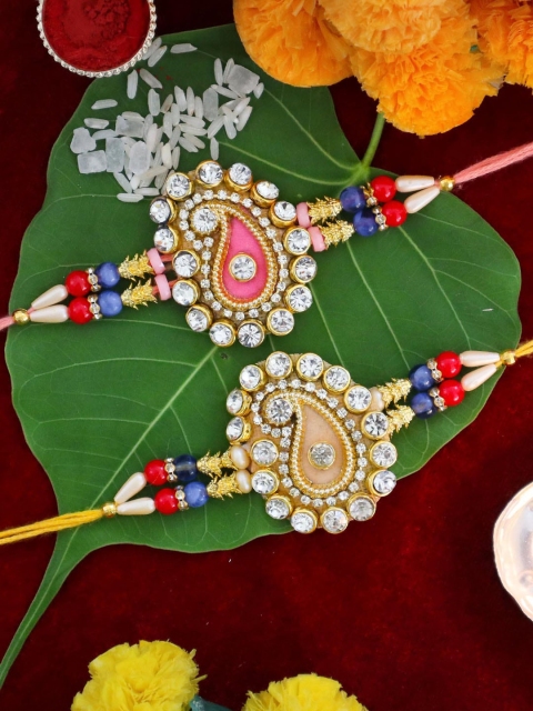 

TIED RIBBONS Set of 2 Stoned-Studded Rakhi with Card & Roli Chawal Gift Set, Multi