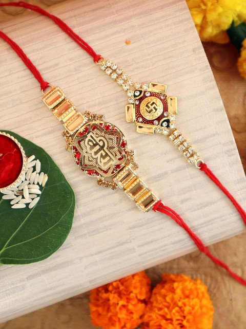 

TIED RIBBONS Set of 2 Stoned-Studded Ganesha & Swastik Rakhi with Card & Roli Chawal, Multi