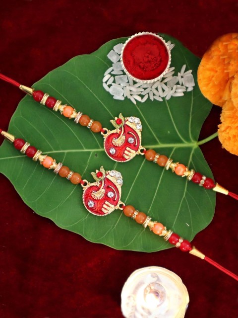 

TIED RIBBONS Set of 2 Premium Ganesha Rakhi with Card & Roli Chawal, Red