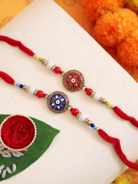 

TIED RIBBONS Set of 2 Premium Evil Eye Rakhi with Card & Roli Chawal, Blue