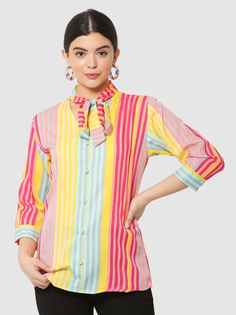 

The Label Bar Multicoloured Striped Mandarin Collar Crepe Shirt Style Top, Multi
