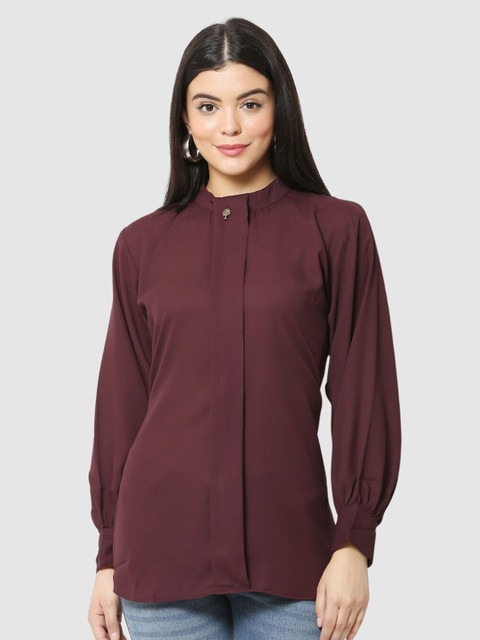

The Label Bar Brown Mandarin Collar Crepe Top