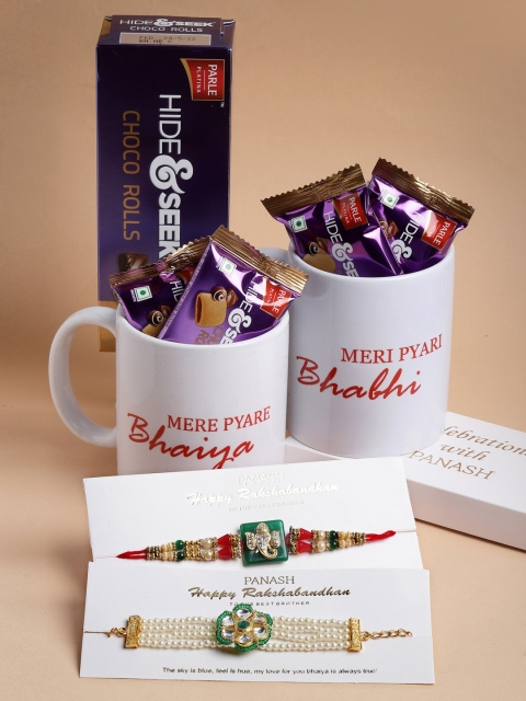 

PANASH Set Of 2 Gold & Green-Coloured White Stone-Studded & Beaded Rakhi With Chocolate & Mugs