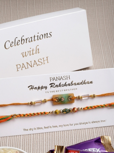 

PANASH Men Set Of 2 Yellow Beaded Handcrafted Rakhi With Chocolate