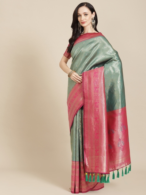 

SHANGRILA Green & Golden Ethnic Motifs Zari Pure Silk Heavy Work Banarasi Saree