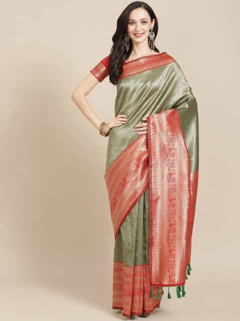 

SHANGRILA Green & Golden Ethnic Motifs Zari Pure Silk Heavy Work Banarasi Saree
