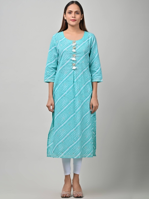 

Swasti Women Turquoise Blue Printed Flared Sleeves Mirror Work Kurta