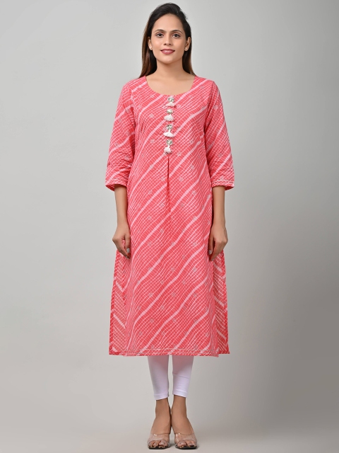 

Swasti Women Peach-Coloured Striped Flared Sleeves Thread Work Kaftan Kurta