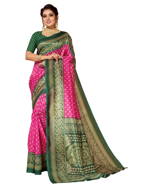 

KALINI Pink & Green Printed Art Silk Saree
