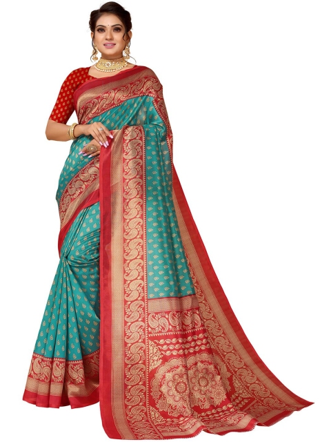 

KALINI Turquoise Blue & Red Paisley Art Silk Saree