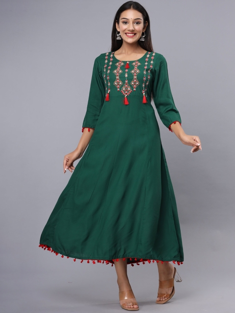 

ADAA JAIPUR Women Green Yoke Design Extended Sleeves Thread Work Kurta