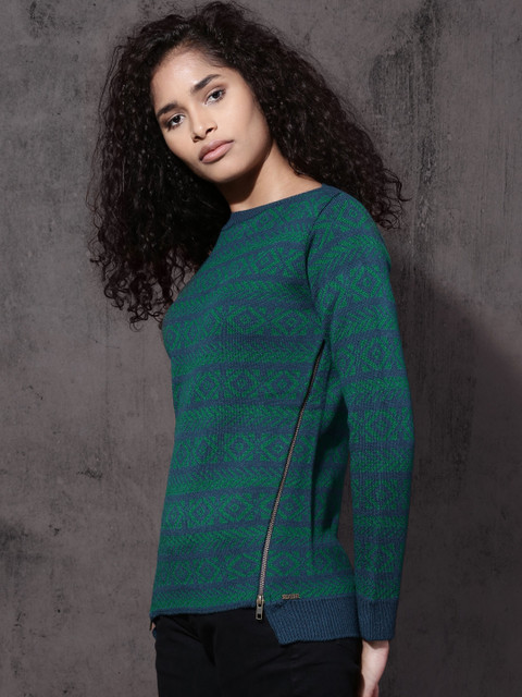 

Roadster Women Blue & Green Self Design Pullover