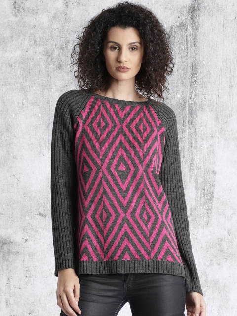 

Roadster Women Charcoal & Pink Self Design Pullover