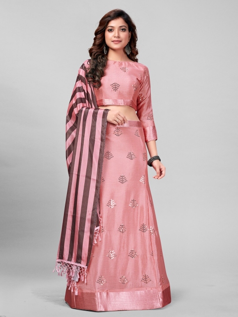 

Mitera Pink & Brown Embroidered Sequinned Semi-Stitched Lehenga & Unstitched Blouse With Dupatta