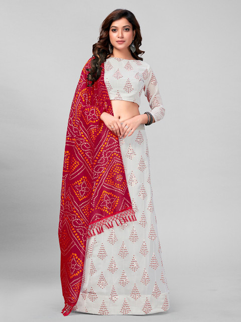 

Mitera White & Red Embroidered Sequinned Semi-Stitched Lehenga & Unstitched Blouse With Dupatta
