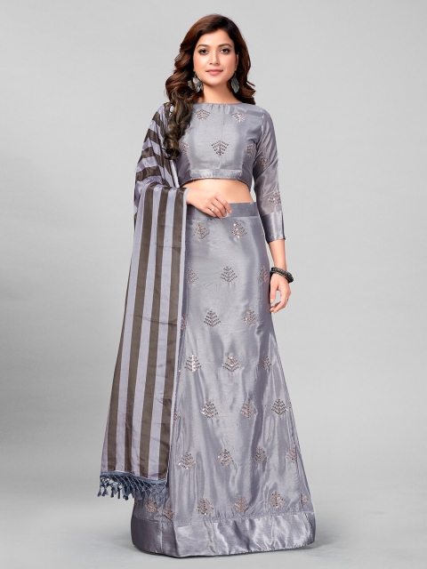 

Mitera Grey & Brown Embroidered Sequinned Semi-Stitched Lehenga & Unstitched Blouse With Dupatta