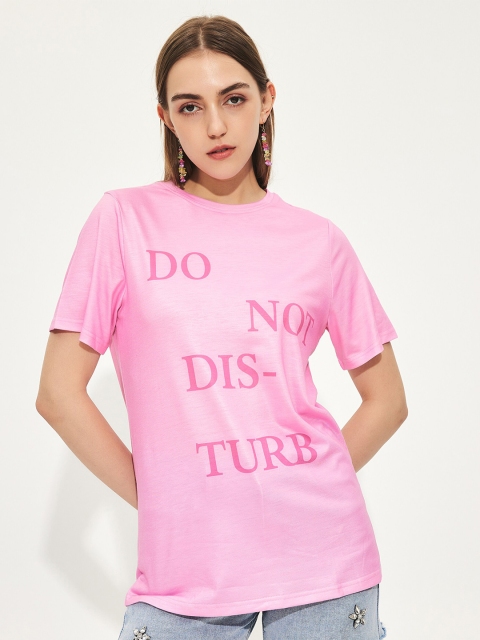 

URBANIC Women Pink & cotton candy Typography Printed Extended Sleeves T-shirt
