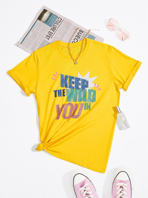 

URBANIC Women Yellow & google chrome yellow Typography Printed V-Neck Applique T-shirt