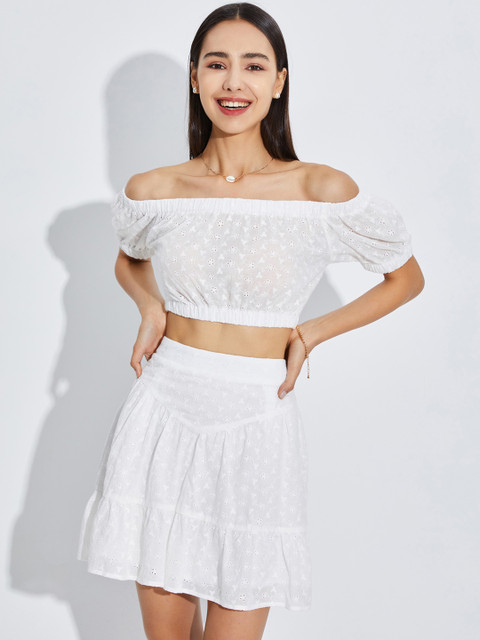 

URBANIC Women White Self Design Schiffli Crop Top With Skirt